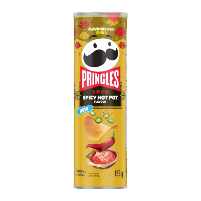 Front of a yellow tube of Pringles Spicy Hot Pot showing logo, vibrant graphics, crisp imagery, and pack size of 156g.