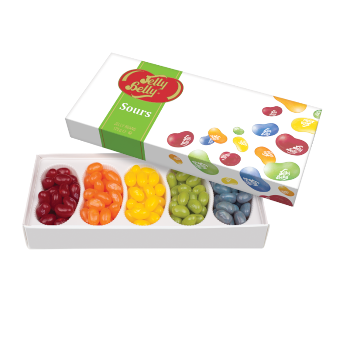 Front of Jelly Belly Sours Gift Box showing colourful jelly beans and logo, 125g pack