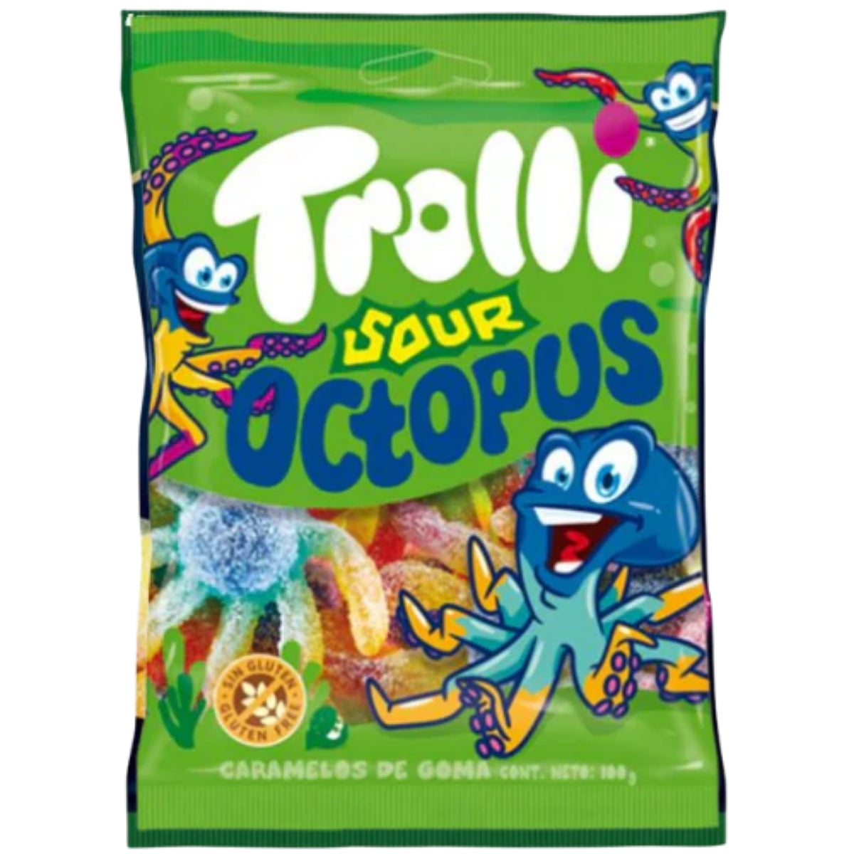 Front of Trolli Sour Octopus bag featuring bright green packaging, playful octopus illustrations, and gummy sweets (100g)