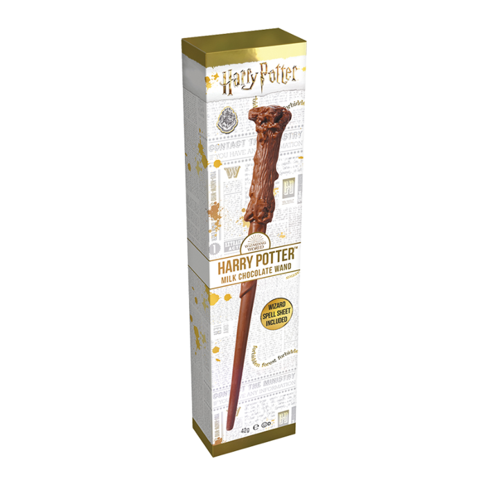 Front of Harry Potter Harry's Chocolate Wand packaging displaying the chocolate wand design, logo, and collectable spell sheet indication (42g)