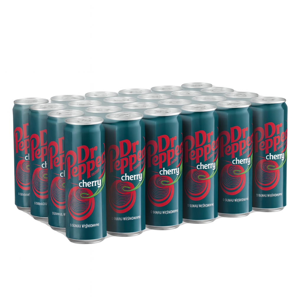 Front of Dr Pepper Cherry Slim Can Case of 24 showing 330ml cans with cherry flavour label and iconic red and green graphics.