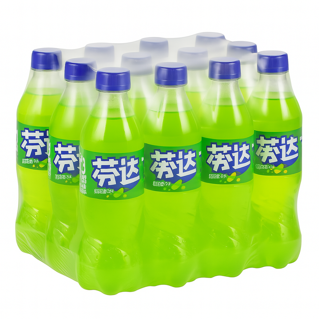 Front of Fanta Green Apple (China) case showing bright green logo and bottles, with a 12 pack of 500ml bottles visible.