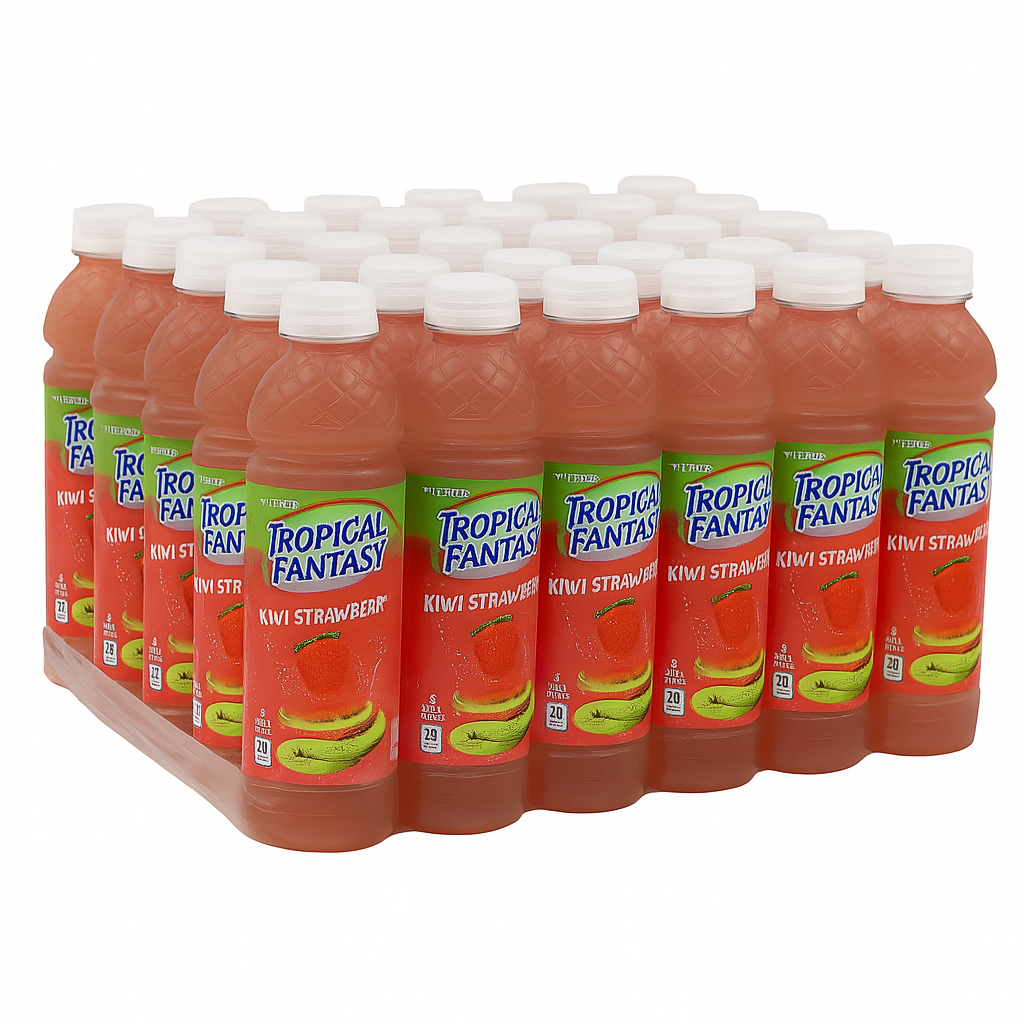 Front of Tropical Fantasy Kiwi Strawberry 591ml bottle featuring bright label and images of kiwi and strawberry, in a 24 pack display.