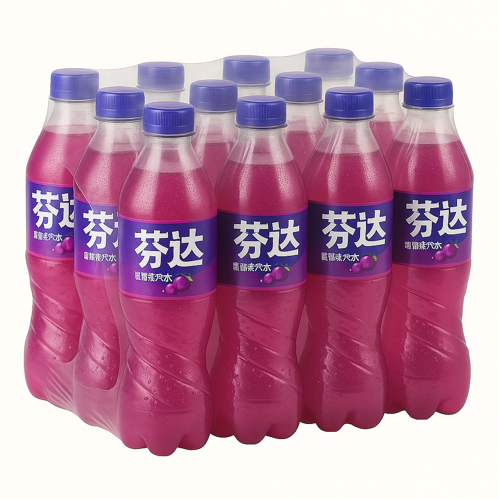 Front of Fanta Grape (China) case showing a vibrant purple label, grape flavour text, and 12 bottles of 500ml soft drink.