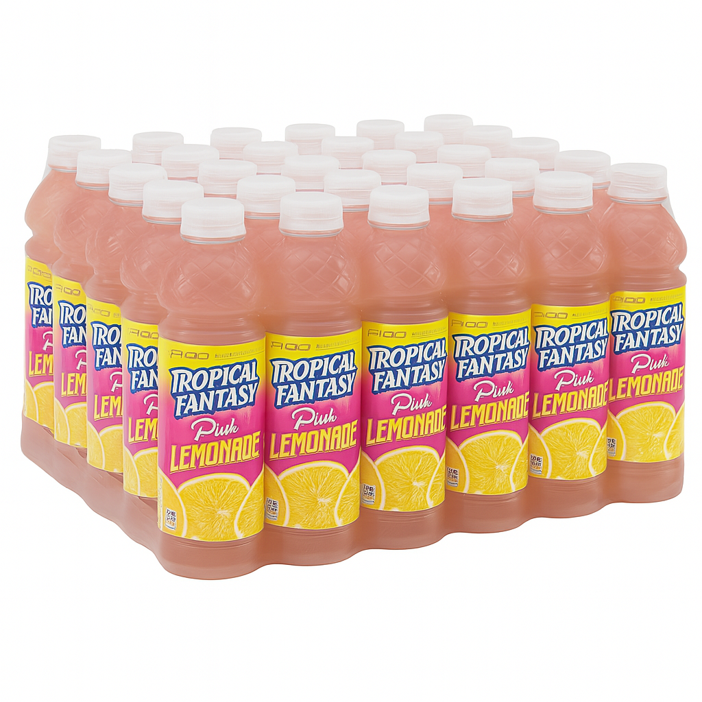 Front of Tropical Fantasy Pink Lemonade label showing brand name, product name, pink lemonade flavour, and 24 pack of 591ml bottles