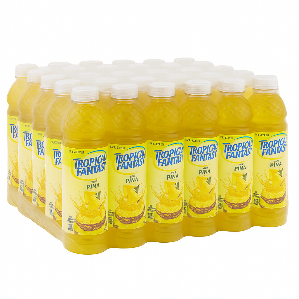 Front of Tropical Fantasy Pineapple bottles showing bright yellow labels, logo, and pineapple imagery in a 24 pack (591ml each)