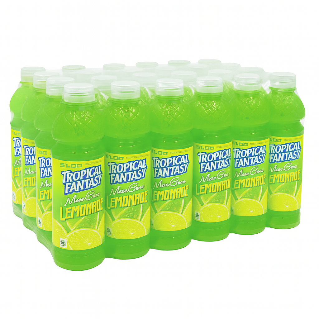 Front of a 24 pack of Tropical Fantasy Mean Green Lemonade bottles with bright yellow label, logo, and refreshing lemonade imagery (591ml pack)