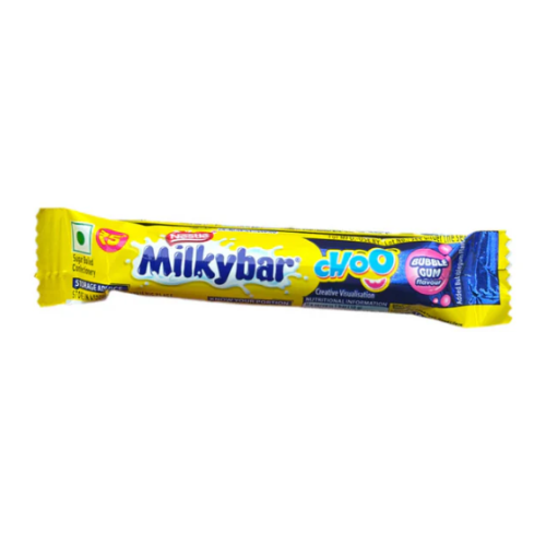 Front of a Milkybar Choo Bubblegum wrapper featuring a bright yellow design with the Milkybar logo and bubblegum flavour details (10g pack)