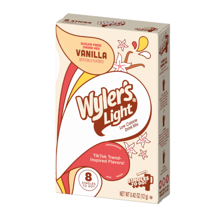 Front of Wyler's Light Singles To Go Watertok Vanilla box showing the logo, sugar-free label, and pack size of 12g (8 sticks)