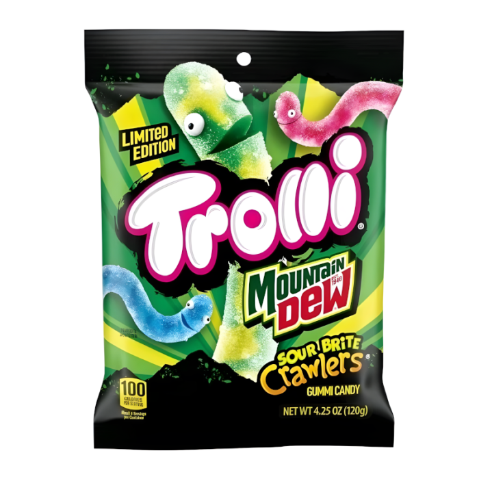 Front of Trolli x Mountain Dew Limited Edition Sour Brite Crawlers bag showing vibrant gummy worms and bold logo (120g pack)