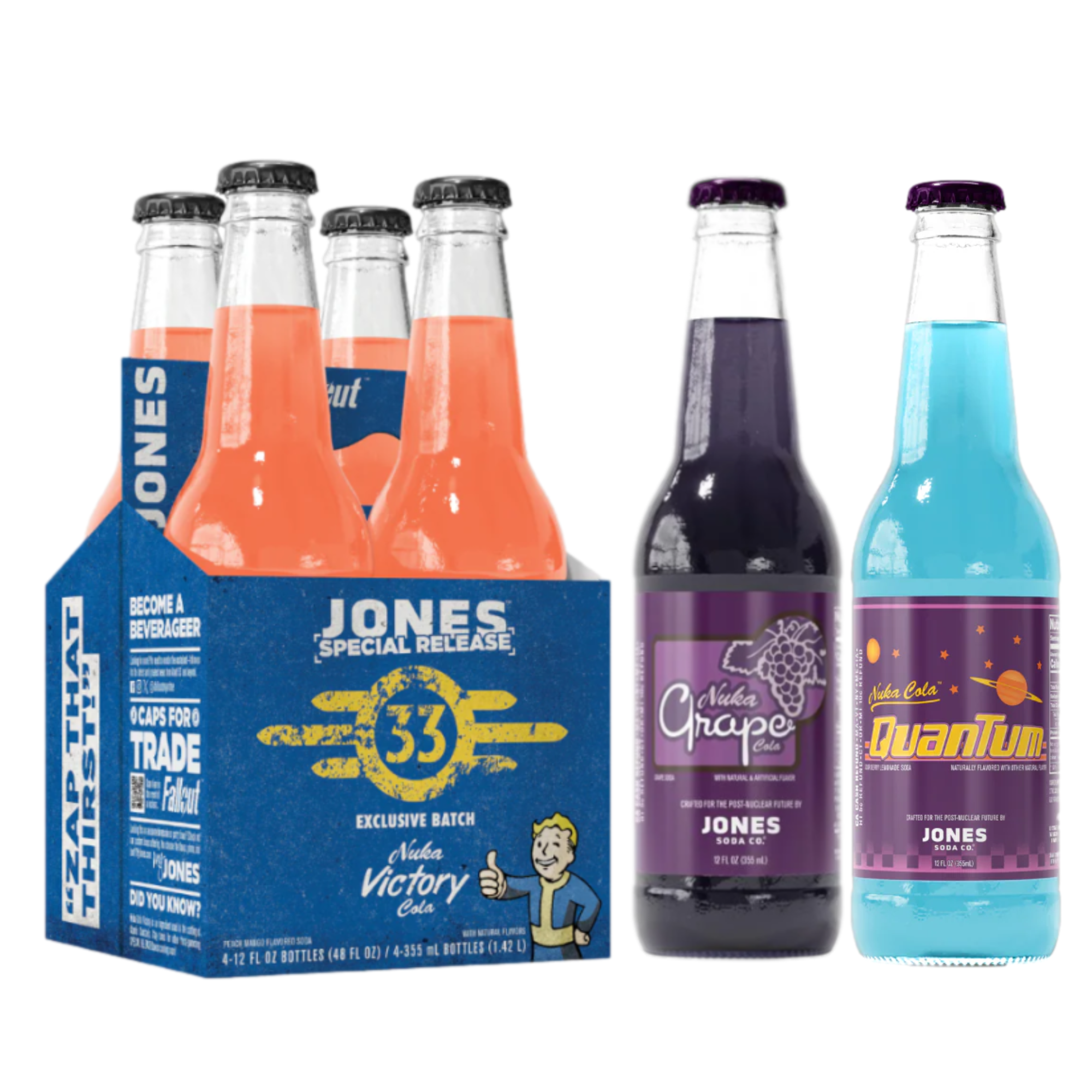 Front of Jones Soda Fallout Nuka Cola Quantum & Grape and Nuka Cola Victory 4 Pack bundle showing vibrant coloured bottles and brand logo