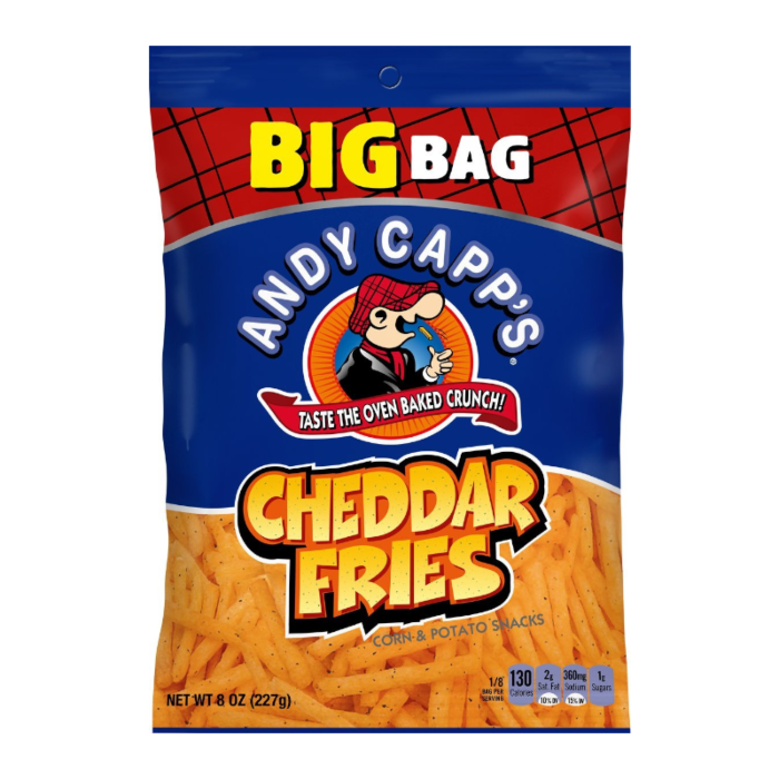 Front of a big bag of Andy Capp Cheddar Fries showing bold cheesy snack label and crunchy texture (226g pack)