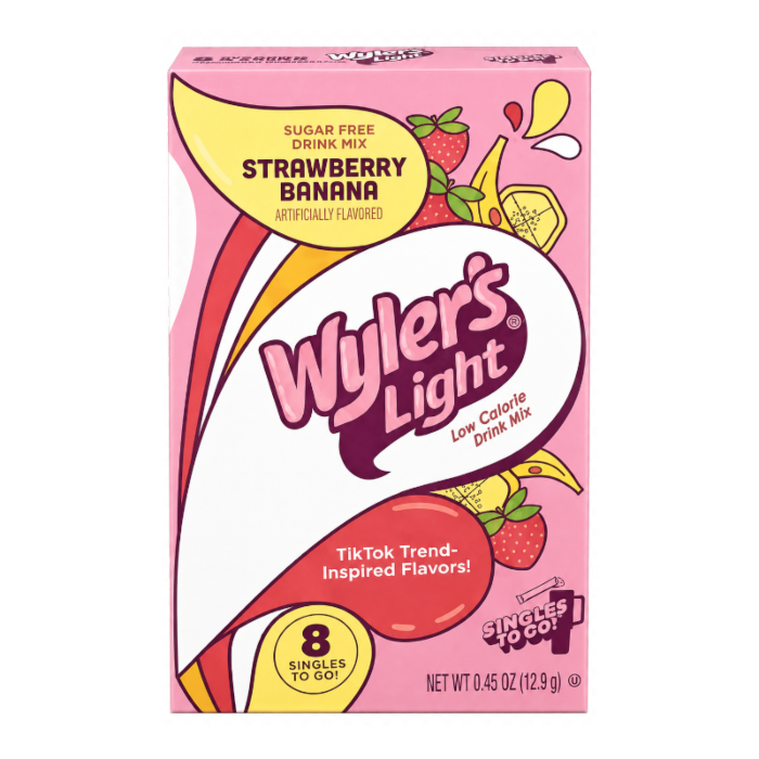 Front of Wyler's Light Singles To Go box showing pink packaging with strawberry and banana illustrations, featuring the product name and pack size (12.9g).