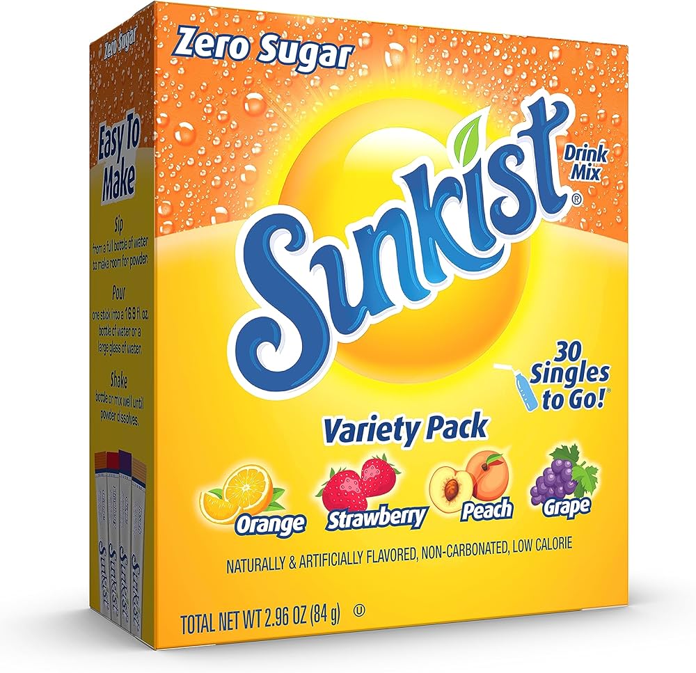 Front of Sunkist Orange, Strawberry, Peach, Grape Singles to Go Variety Pack showing logo, flavours, and pack size (84g)