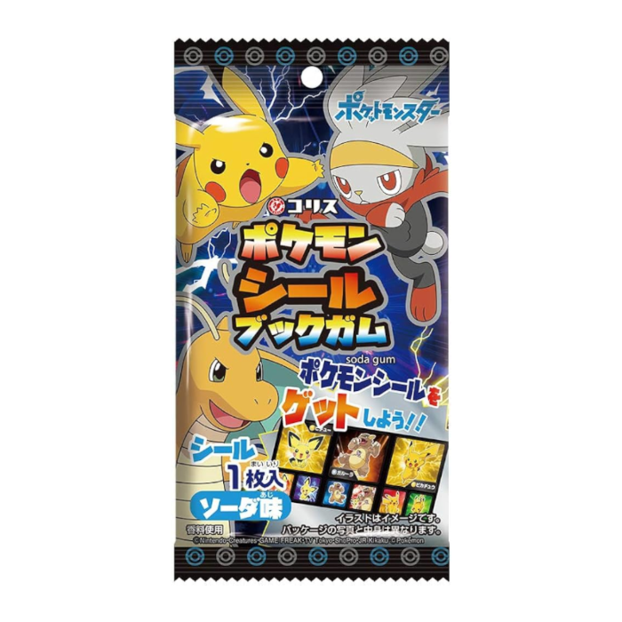 Front of Pokemon Seal Book Soda Gum package showing bright graphics of Pikachu and other Pokemon, with the label in Japanese, featuring soda flavour