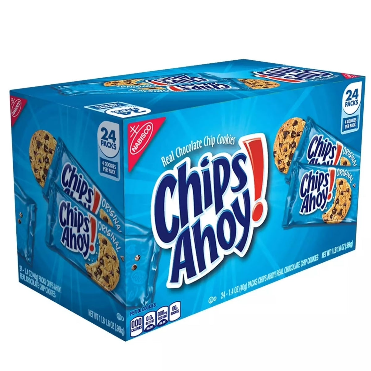 Front of Chips Ahoy Chocolate Chip Cookies box showing the logo, real chocolate chip cookie image, and packed 24 count (1.1 lb)
