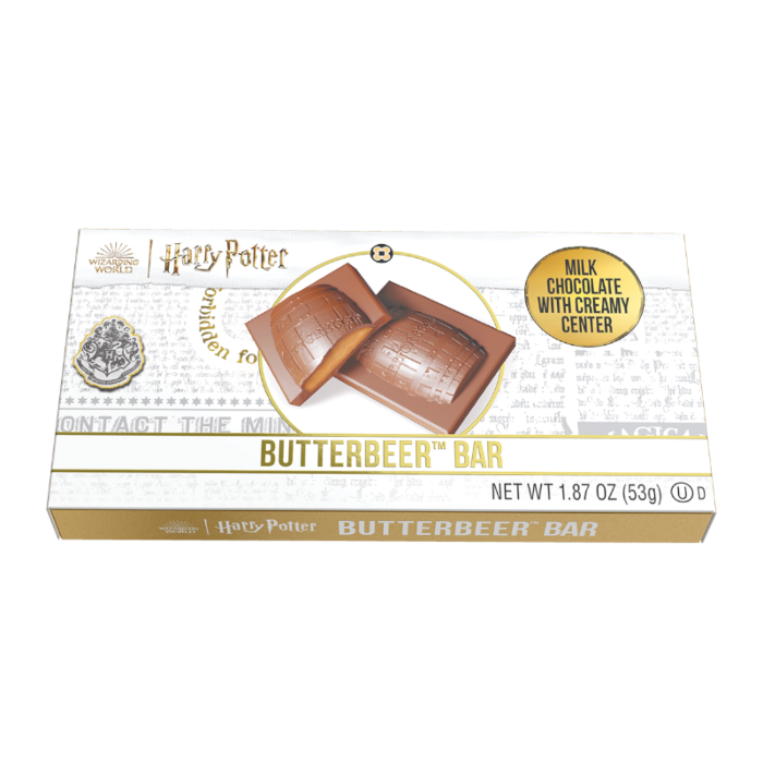 Front of Harry Potter Butterbeer Chocolate Bar packaging showing logo, milk chocolate with creamy centre, and 53g weight