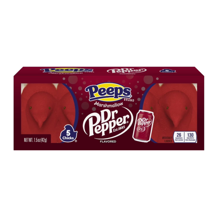 Front of Peeps Dr Pepper Marshmallow Chicks pack featuring bold branding and five red marshmallow chicks (42g pack)