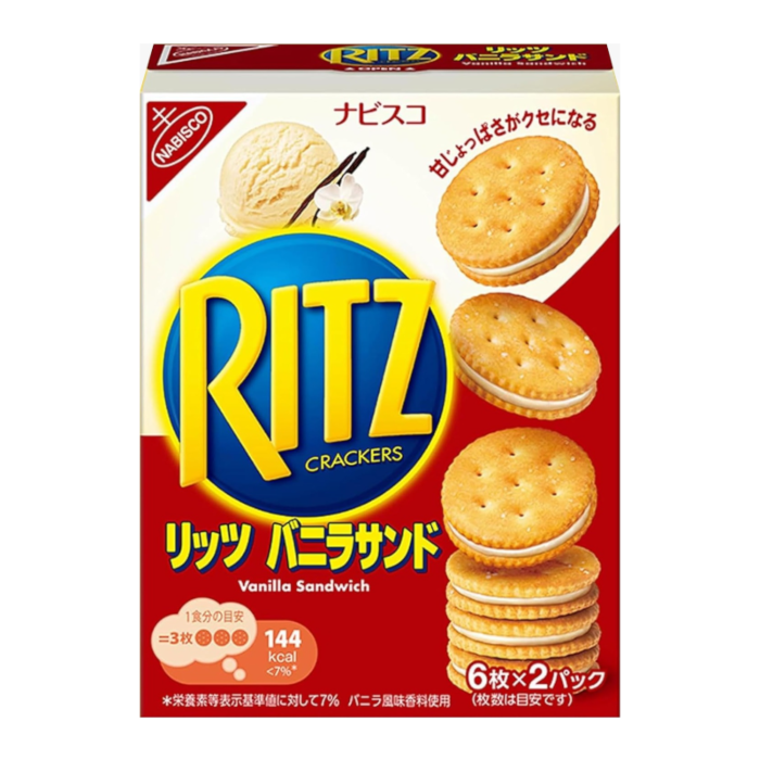 Front of Ritz Bits Sandwiches Vanilla pack showing logo, image of sandwich crackers, and details of 106g pack