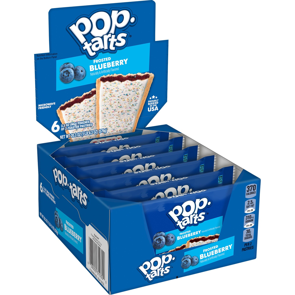 Front of Pop Tarts Frosted Blueberry box showing blue packaging, images of pastries, and details for 12 pack (576g)