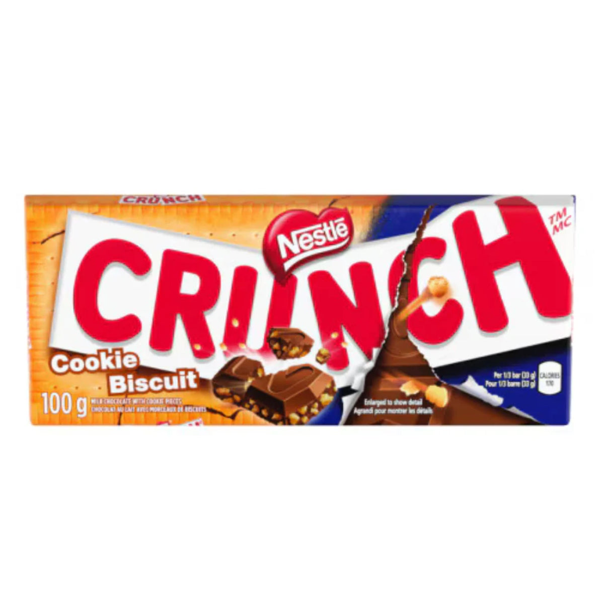 Front of a Nestle Crunch Biscuit pack displaying the brand and product name, with a 100g size indication and an image of chocolate and biscuit pieces.