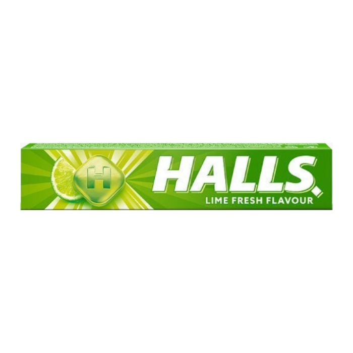 Front of HALLS Fresh Candy Roll showing lime flavour label, vibrant green background, and pack size (33g)