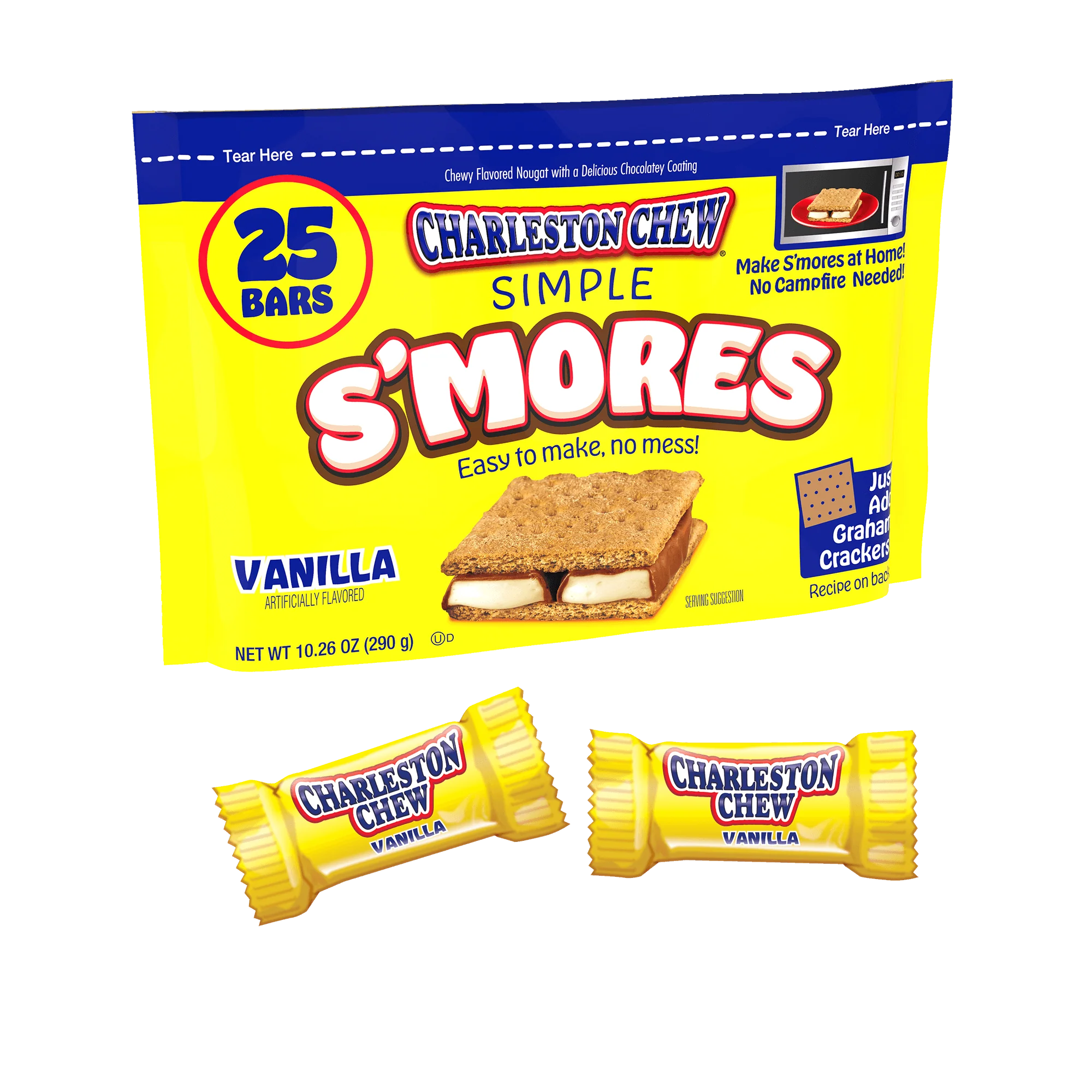 Front of Charleston Chew Vanilla S'mores box showing bright yellow packaging, logo, and illustration of s'mores (290g pack)