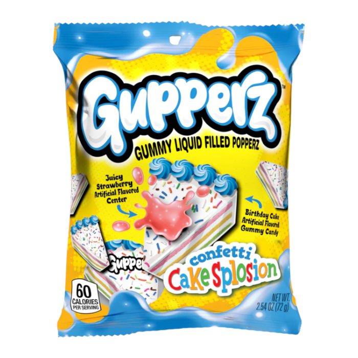 Front of Gupperz Confetti Cakesplosion Liquid Filled Gummies packet showing colourful birthday cake design and juicy strawberry flavour (72g)