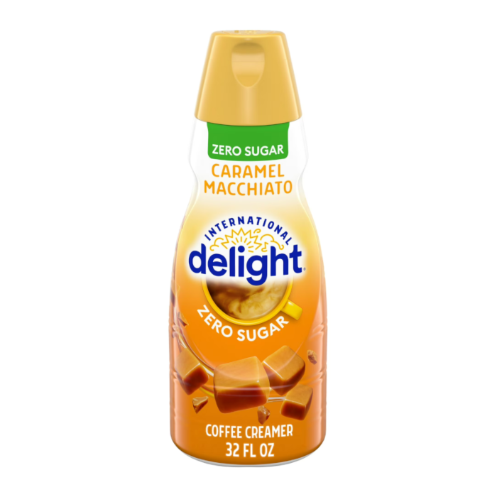 Front of International Delight Coffee Creamer Zero Sugar Caramel Macchiato bottle showing logo and caramel images (946ml)