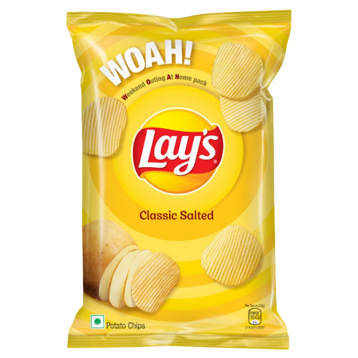 Front of Lay's Classic Salted bag showcasing the logo, striped potato chips design, and the 51g pack size