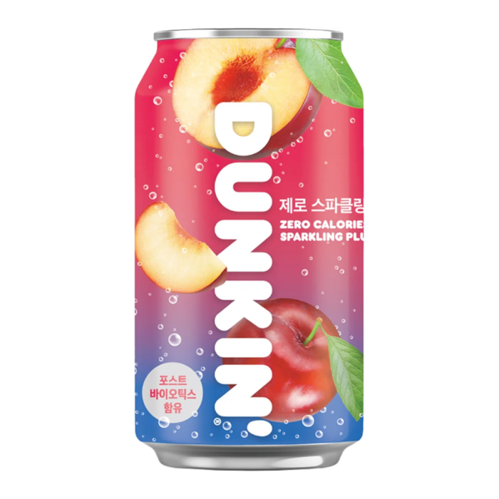 Front of Dunkin' Sparkling Plum Zero Sugar can showing vibrant plum graphics, bold logo, and sparkling bubbles (350ml)