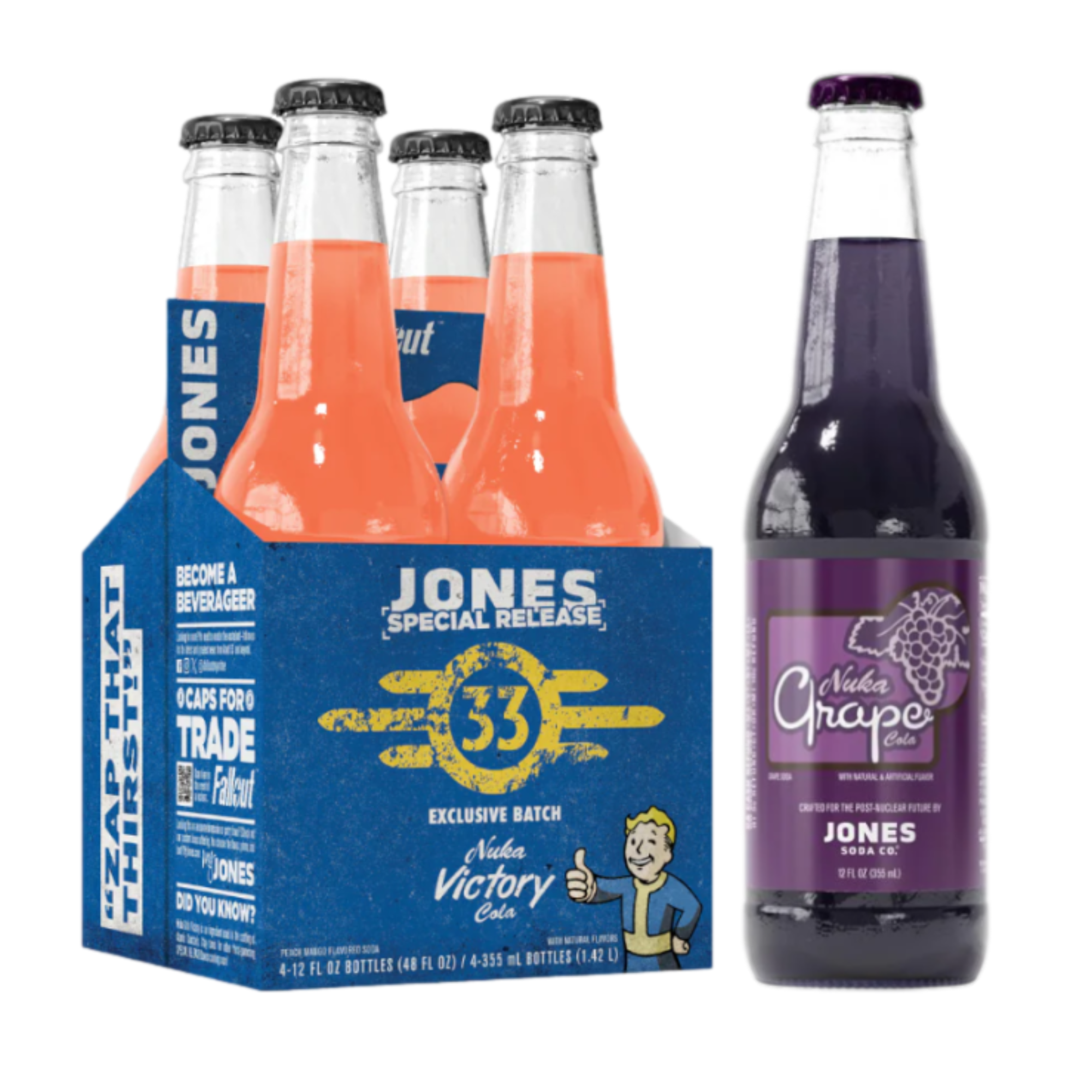 Front of Jones Soda Fallout Nuka Cola Grape and Victory 4 Pack showing vibrant labels and flavours on a blue cardboard carrier (355ml bottles)