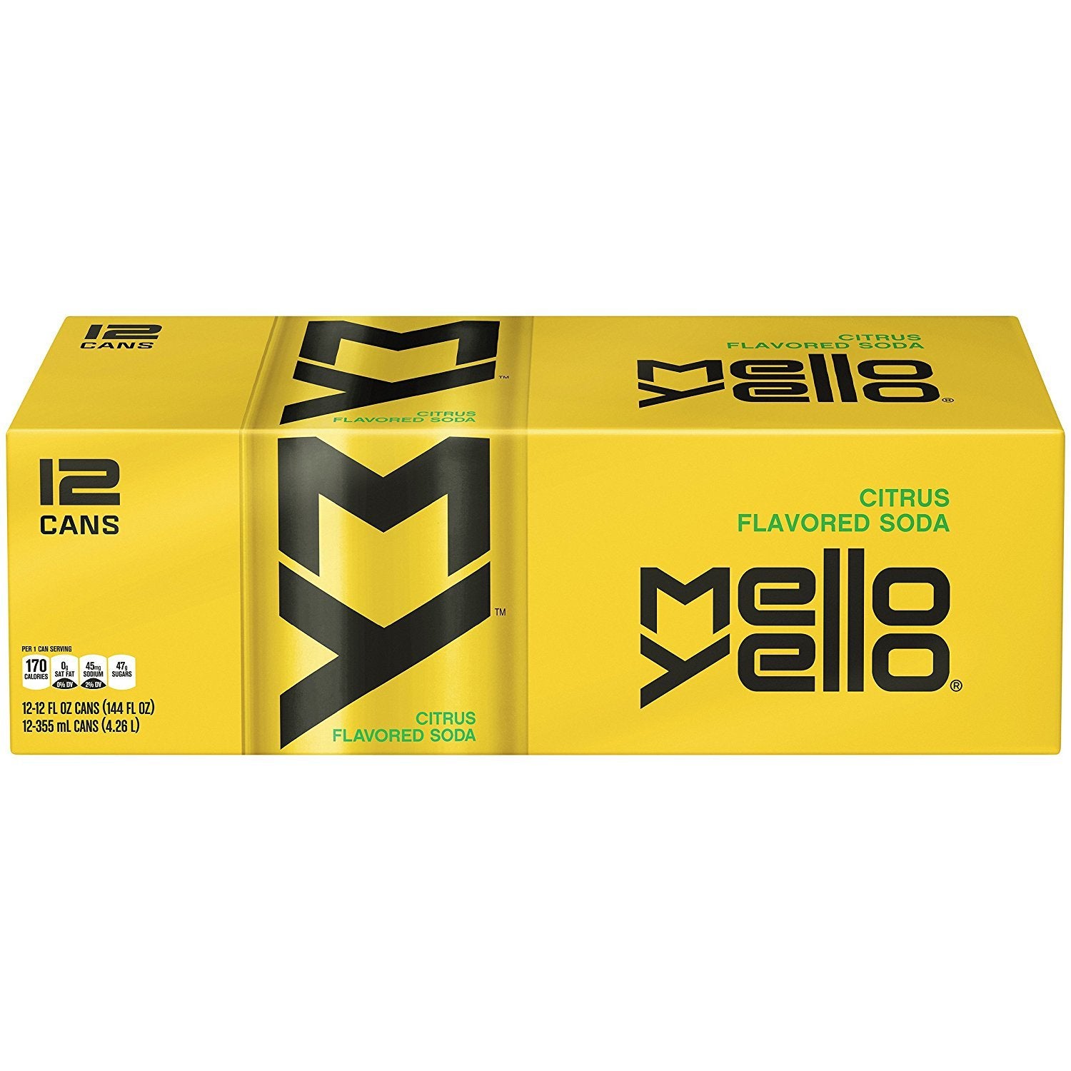 Front of Mello Yello Citrus Soda case showing bright yellow packaging with logo and “Citrus Flavoured Soda” label (12 x 355ml)