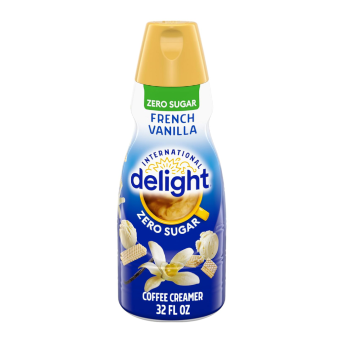 Front of International Delight Coffee Creamer Zero Sugar French Vanilla bottle showing the logo, zero sugar label, and pack size (946ml)