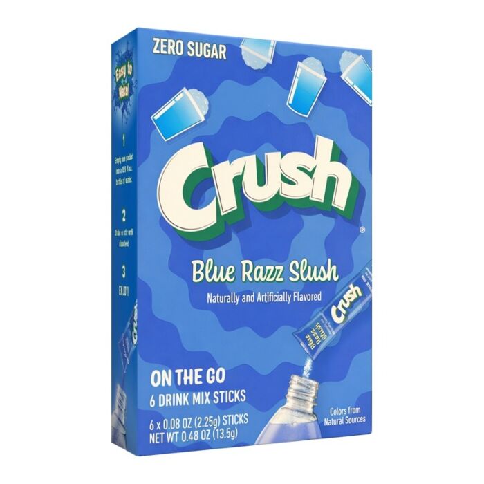 Front of Crush Blue Razz Slush Singles to Go box featuring bold blue design, product name, and 13.5g pack size with drink mix instructions.