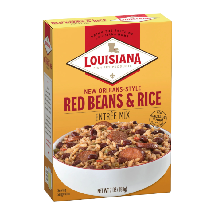 Front of a box of Louisiana New Orleans Style Red Beans & Rice entrée mix (198g) showing the logo and serving suggestion of beans and rice in a bowl.