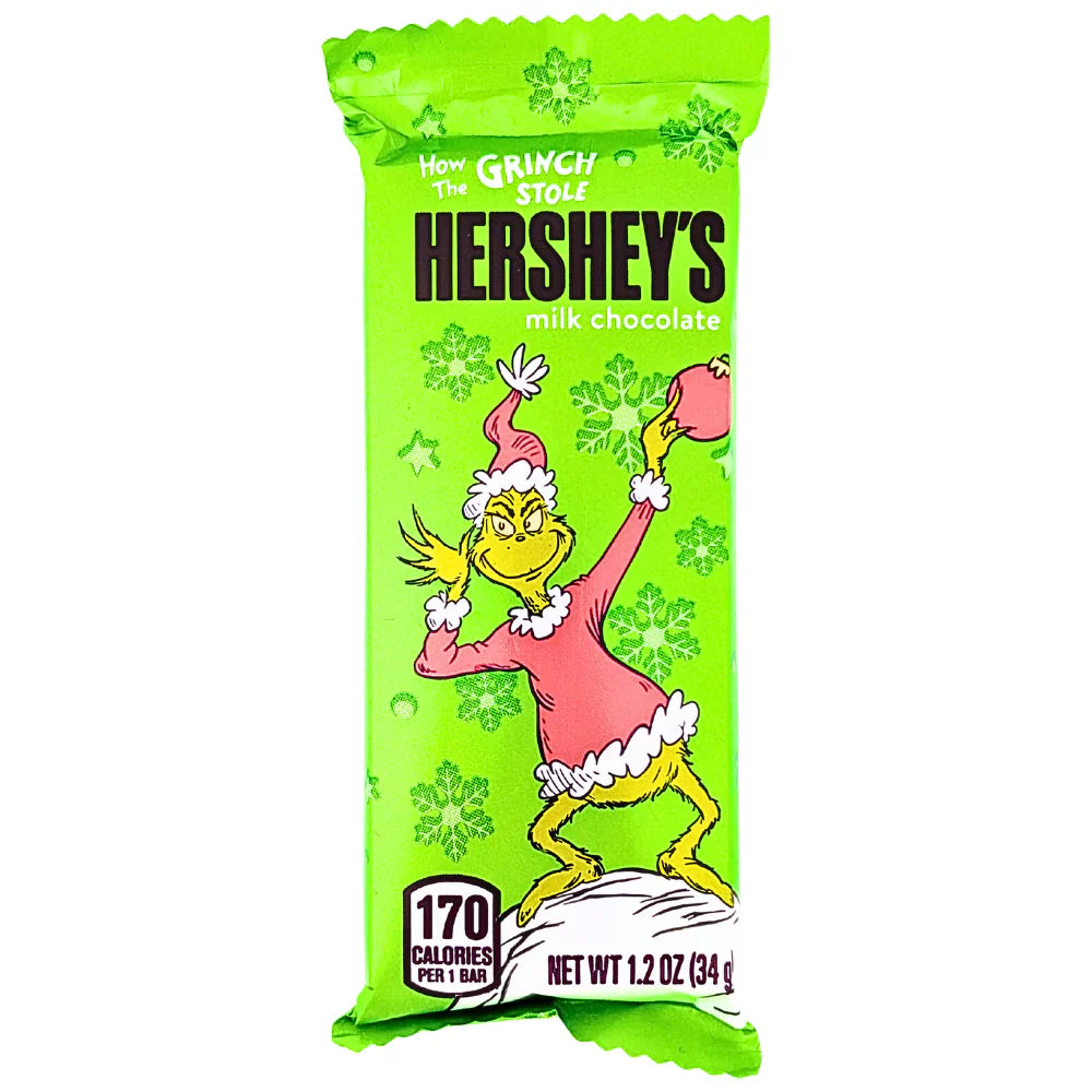 Front of Hershey's Grinch Milk Chocolate Bar showing bright green packaging with Grinch character and logo (34g)