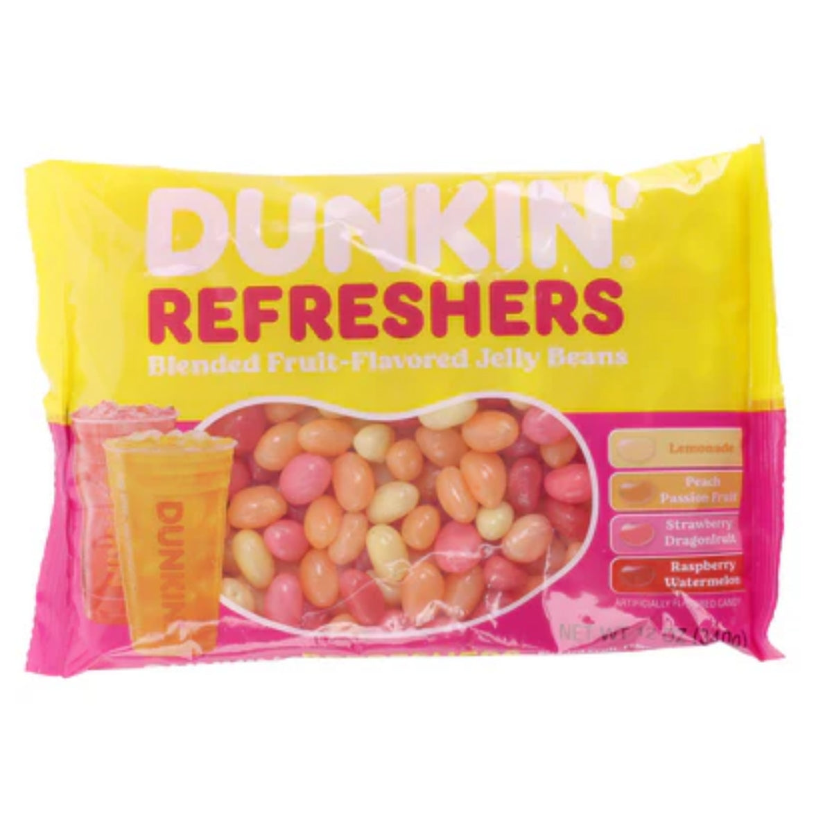 Front of Dunkin' Refreshers Jelly Beans bag showing vibrant yellow packaging, brand logo, blended fruit-flavored jelly beans, and pack size of 340g.