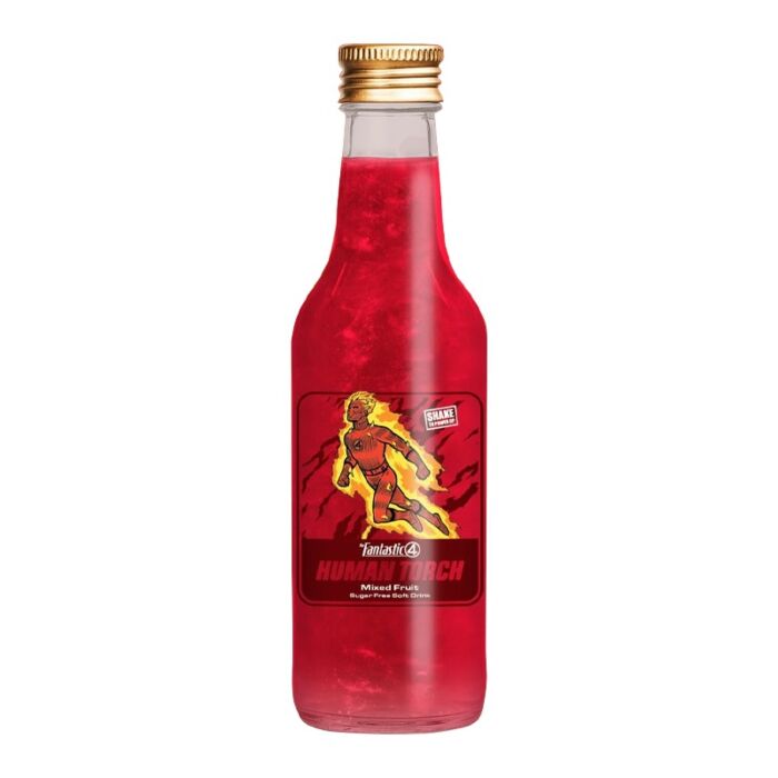 Front of Fantastic Four Human Torch Mixed Fruit bottle showing vibrant label with comic-style artwork, mixed fruit flavour, and 330ml pack size.