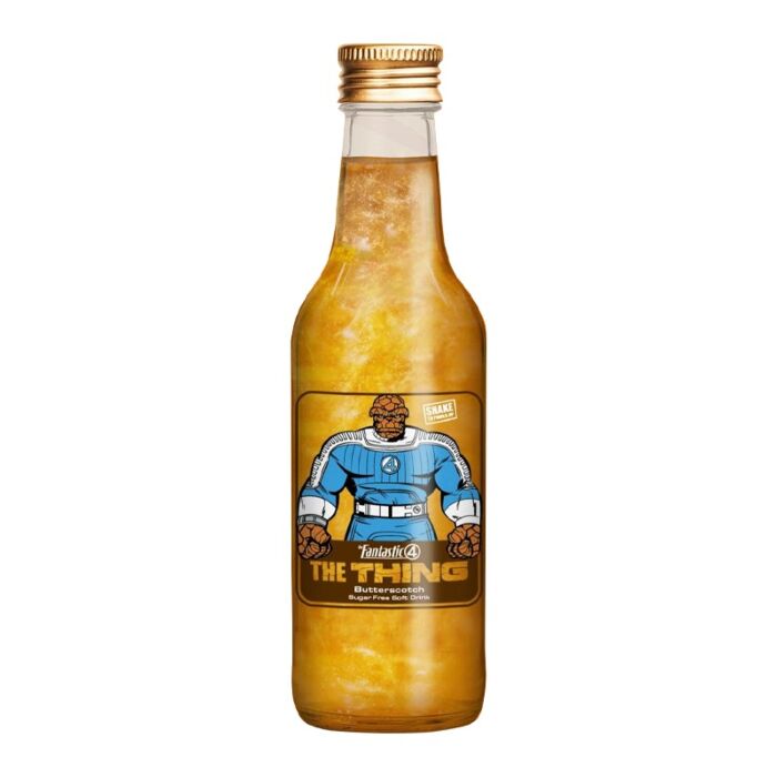 Front of Fantastic Four The Thing Butterscotch bottle showing graphic of The Thing, butterscotch flavour label, and 330ml pack size.