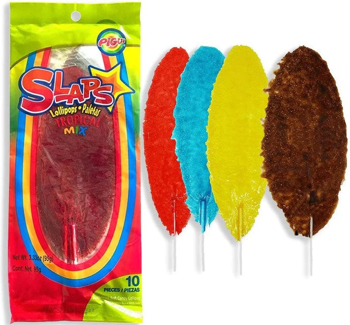 Front label of Slaps Lollipops Tropical Mix (Mexico) 10 Pack (95g), displaying flavour and branding.