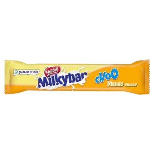 Front of Milkybar Choo Mango bar showing Nestle logo, mango flavour label, and bright yellow packaging (10g pack)