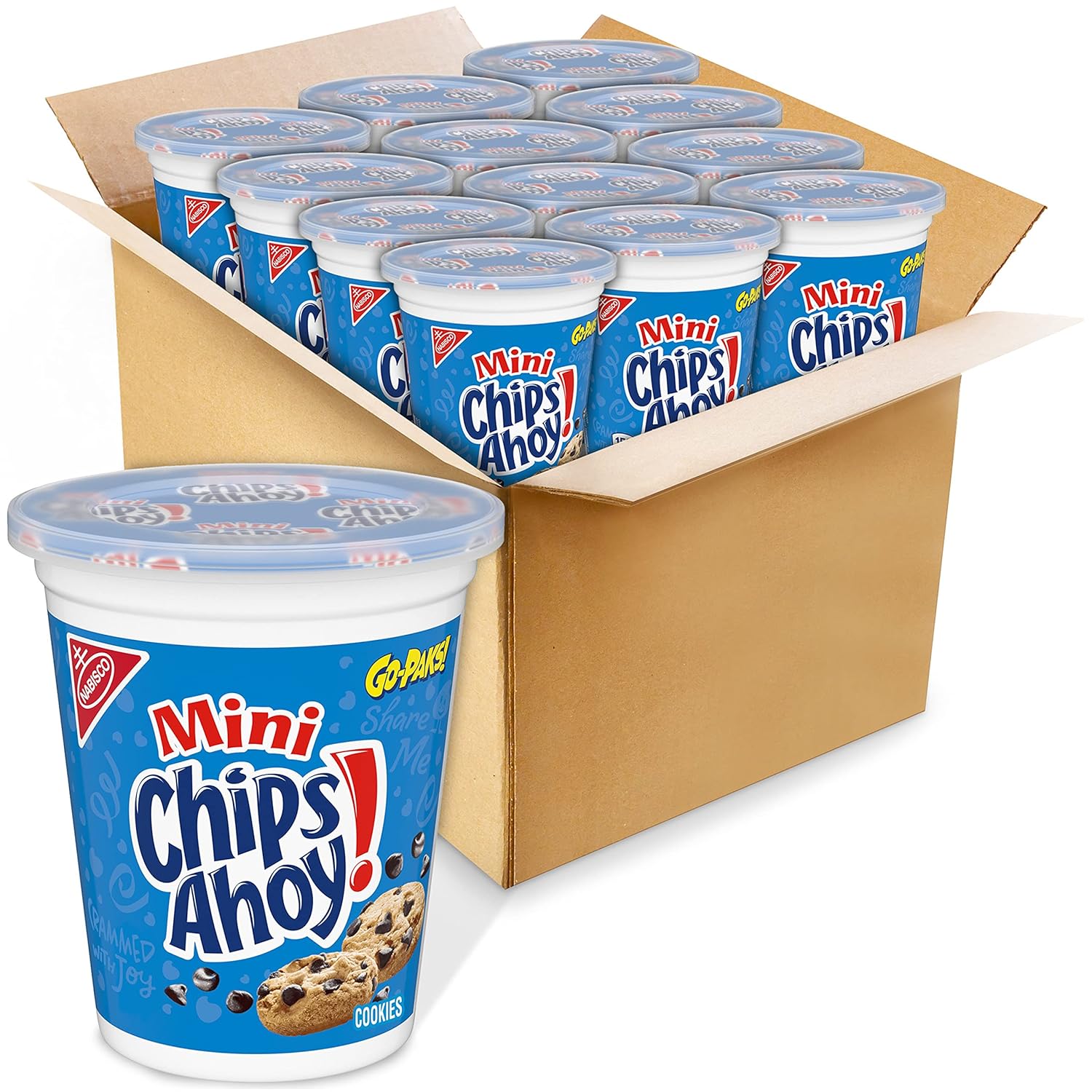 Front of Mini Chips Ahoy! Tub showing blue logo, cookie illustrations, and packaging details (99g)
