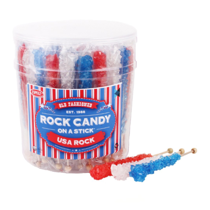 Front of Espeez Rock Candy on a Stick USA pack showing red, white, and blue rock candy sticks with logo (23g)