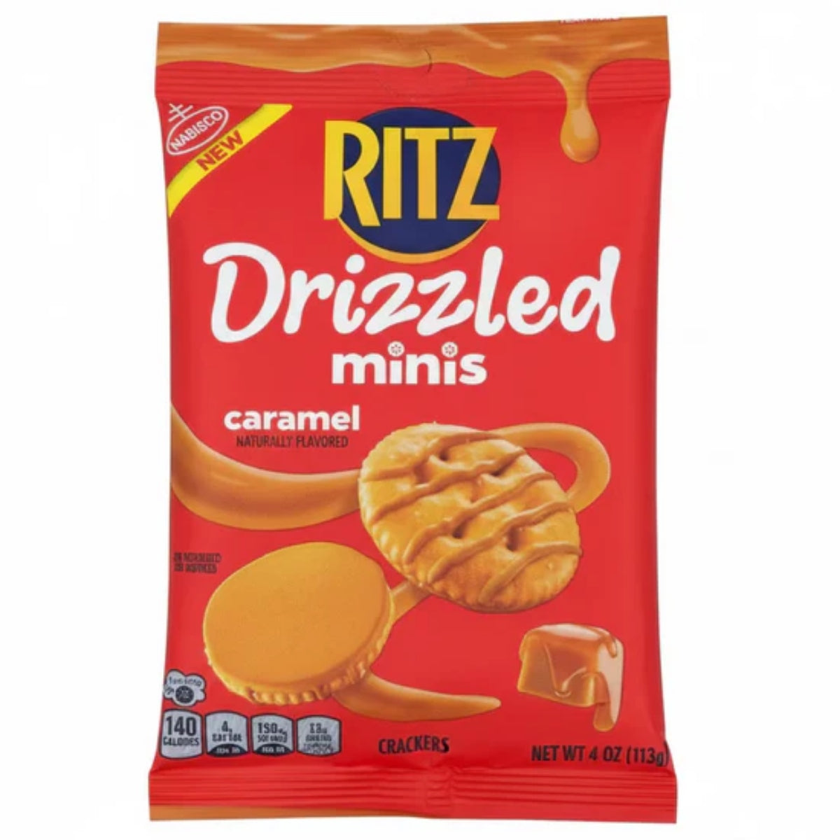 Front of Ritz Drizzled Caramel bag displaying the logo, caramel flavour, and images of the drizzled crackers (113g pack)