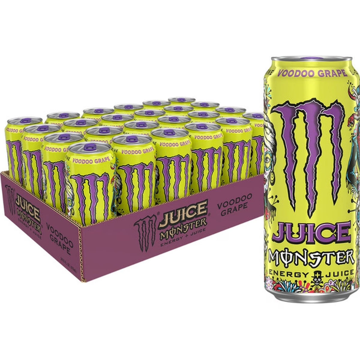 Front of Monster Energy Voodoo Grape can showcasing vibrant design, purple logo, and 473ml size detail (case of 24)
