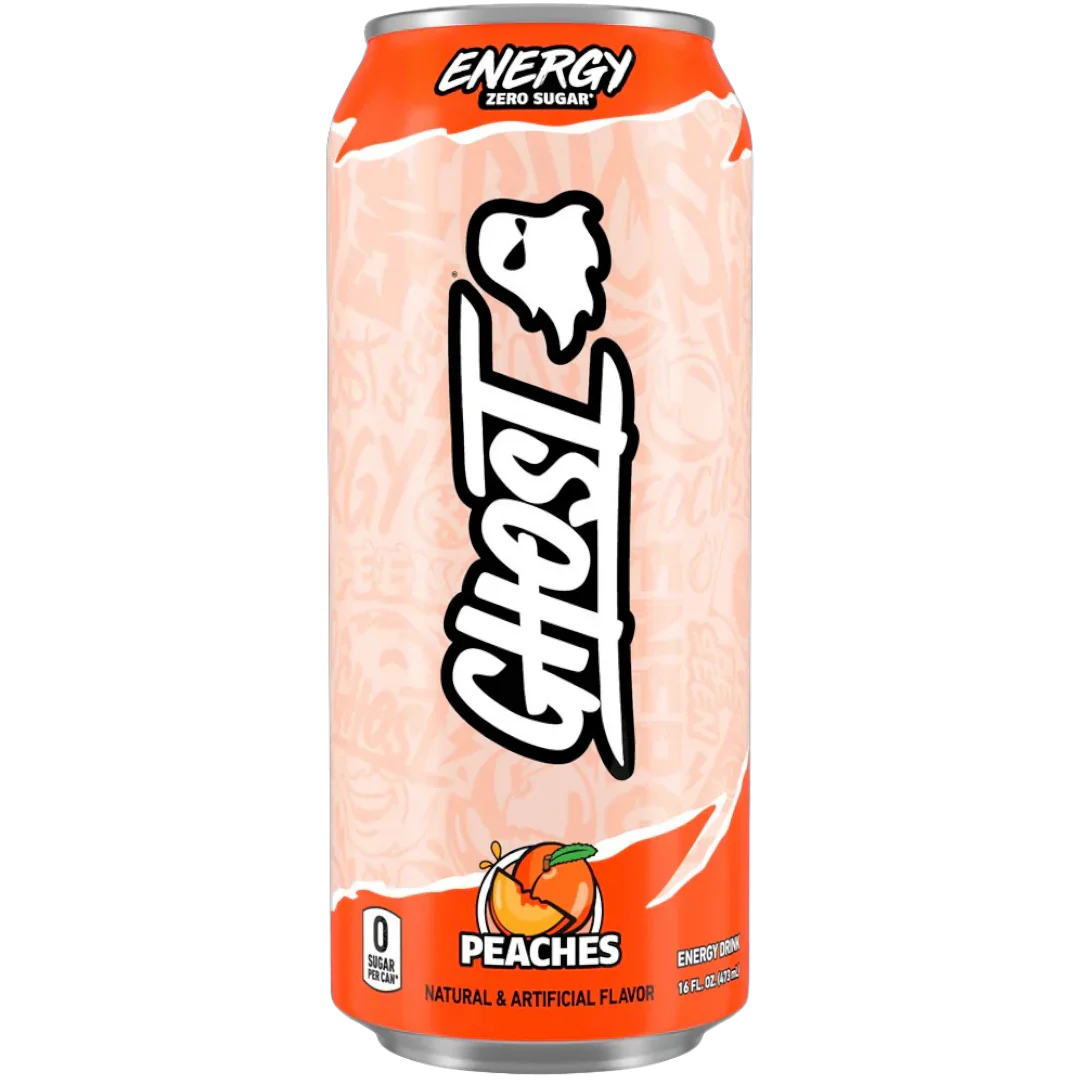 Front of Ghost Energy Peaches can featuring logo, peach flavour label, and 473ml size indication