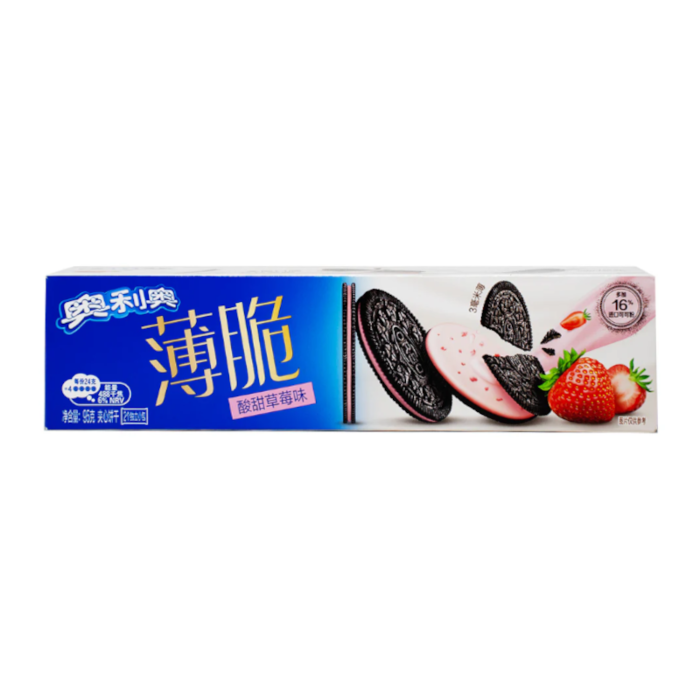 Front of Oreo Thins Sweet & Sour Strawberry pack showing Oreo logo, sweet and sour strawberry flavour, and image of cookies (95g)