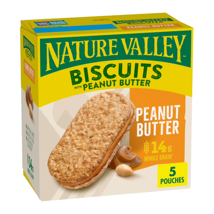 Front of Nature Valley Biscuits with Peanut Butter box displaying logo, peanut butter flavour label, and visual of biscuits (5 Pack)