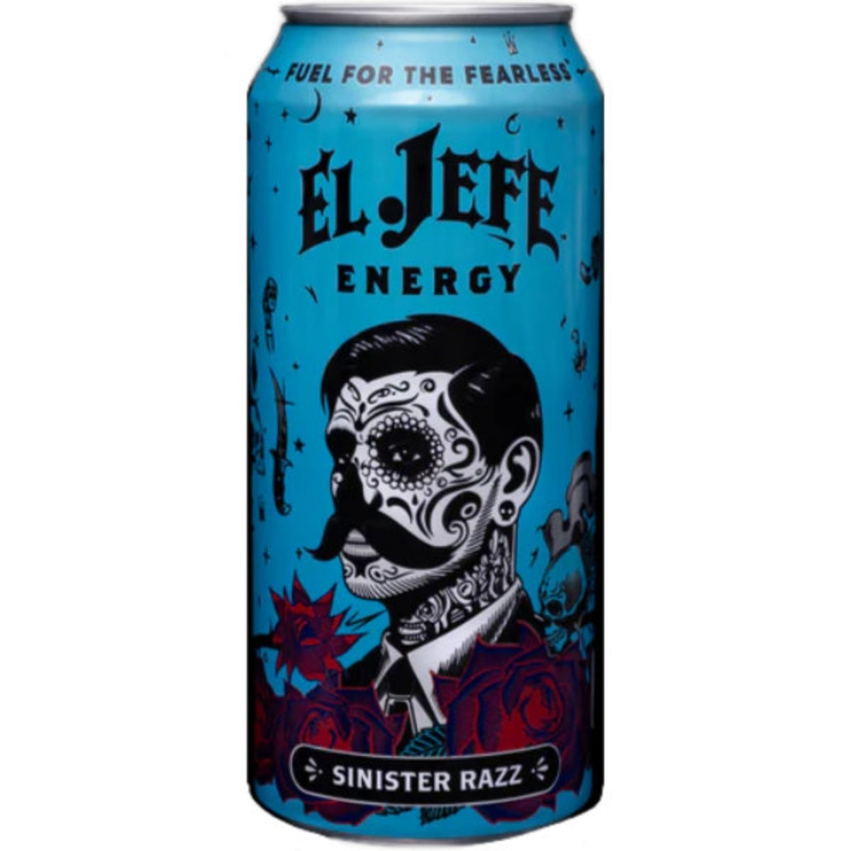 Front of El Jefe Energy Drink Sinister Razz can featuring a blue design, a decorated skull, and roses, from El Jefe (473ml)